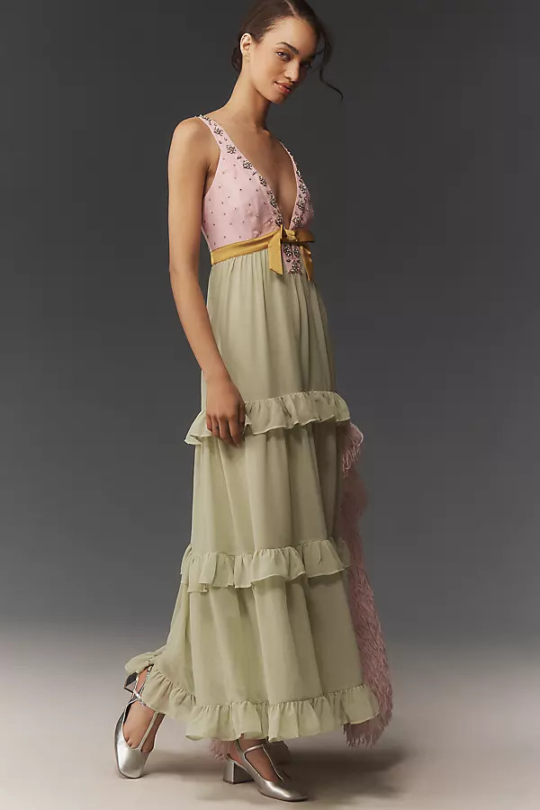 Maeve Embellished Deep-V Tiered Ruffle Maxi Dress | Anthropologie (US)