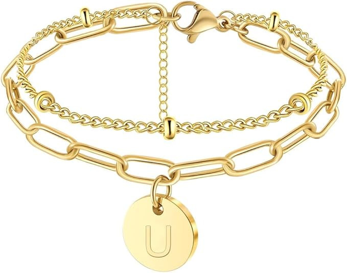 Adjustable 18K Gold Plated Initial Charm Bracelet - Stainless Steel Peralized Letter Jewelry for ... | Amazon (US)