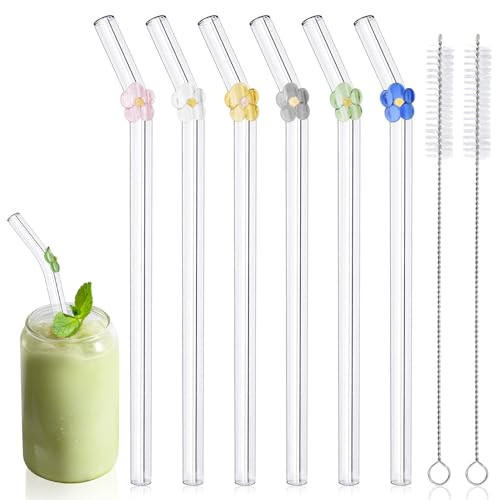 DUMING-IN 6 Pcs 8.3''x10MM Glass Straws with Charms, Cute Flower Glass Straw Shatter Resistant, Wide Reusable Straws Dishwasher Safe for Smoothies, Tapioca, Boba Pearls | Amazon (US)