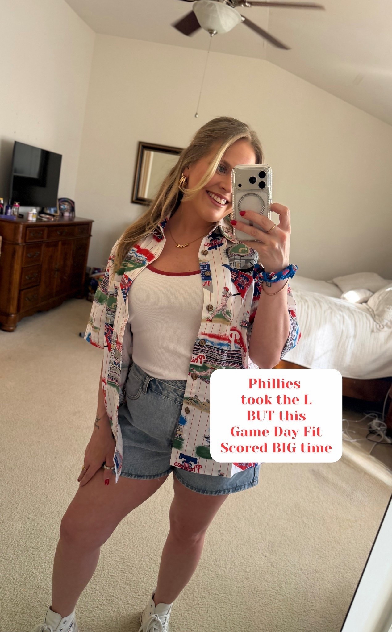 This Phillies may have lost but this game day outfit took a huge W‼️⚾️ 

I got stopped over this shirt 4 times before I even got to Philly (one of those people being the toll both worker😂) - wearing a mens small

This is one of the COOLEST vintage looking Phillies button down shirts iv ever seen!
Perfect for us girls, or a great gift for dad or grandpop!

Crossover jean shorts & a cotton ribbed tank because this spring weather felt like summer ☀️ 
Pair of white high top converse for all the walking & added all my affordable gold Amazon jewelry + my customized PHILLIES bubble necklace from Etsy ❤️

#LTKWomens #LTKsports #baseball #gamedayoutfit #mlb #fanatics #springoutfit #amazonfashion #forhim #philadelphiaphillies #goldringstack #gameday #gamedayfashion #springtrends

#LTKMens #LTKSaleAlert #LTKootd #LTKMidsize