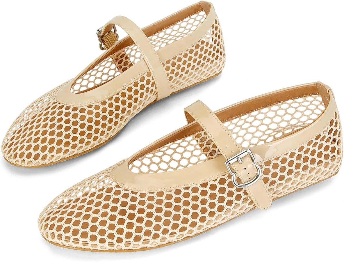 Women's Mesh Ballet Flats Fishnet Ballerina Flats Buckle Strap Mary Jane Causal Daily Dress Shoes | Amazon (US)