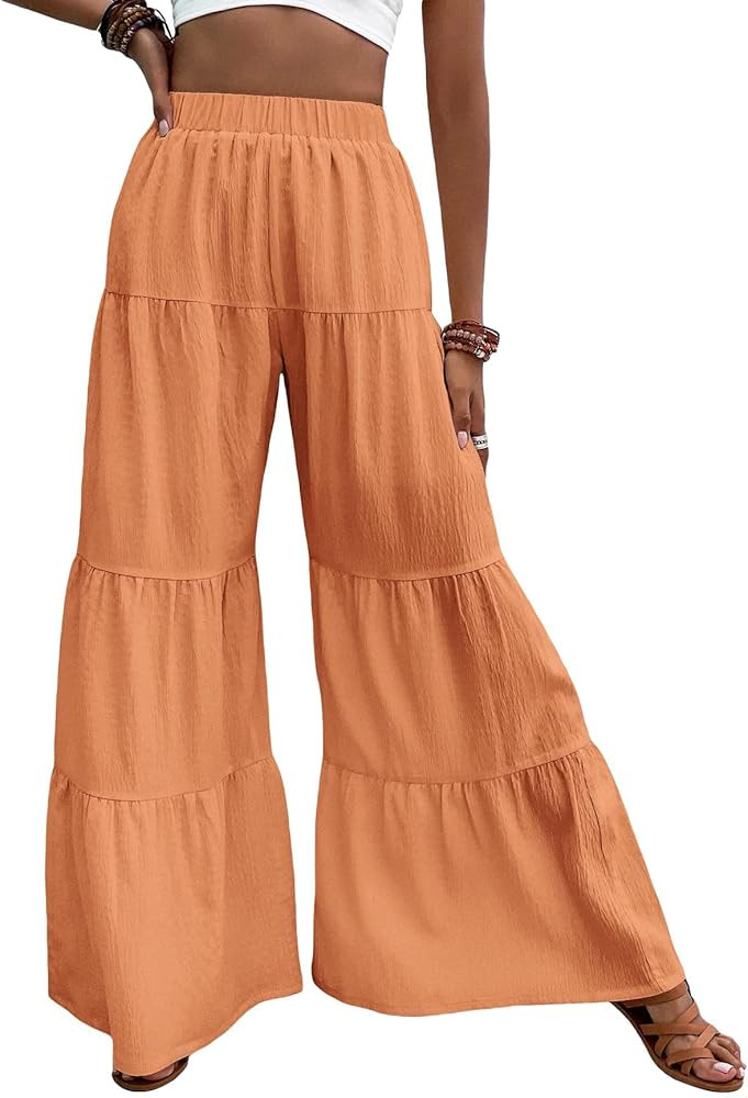 Floerns Women's Boho Elastic High Waisted Ruffle Hem Wide Leg Palazzo Pants | Amazon (US)