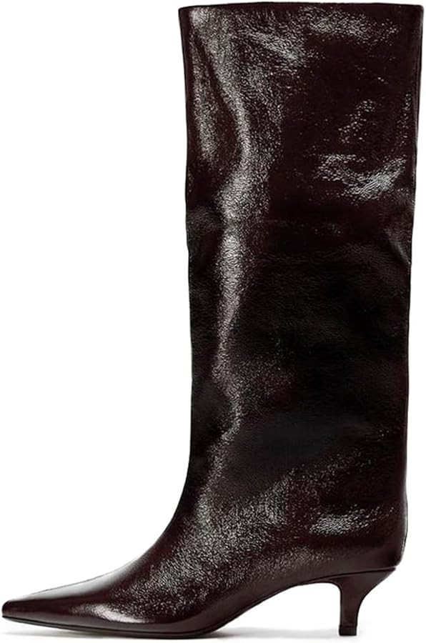 Goolita Burgundy Knee High Boots For Women, Pointed Toe Kitten Heel Wide Calf Boots Cherry Red Sl... | Amazon (US)