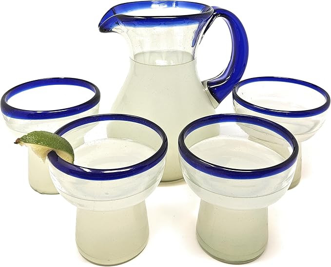 Dos Sueños Mexican Hand Blown Glass Drinkware Set - 4 Stemless Margarita Glasses (14oz) and Pitc... | Amazon (US)