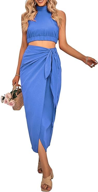 CFLONGE Women's 2 Piece Outfits Casual Sleeveless Halter Crop Top and Draped Ruched Skirt Solid S... | Amazon (US)