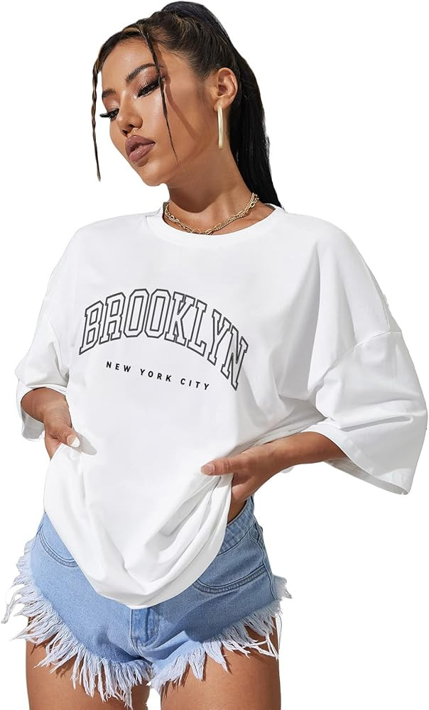 Cozyease Women's Letter Print Oversized Round Neck Short Sleeve Casual T Shirt Top | Amazon (US)