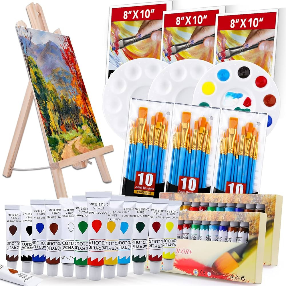 Acrylic Painting Set with 1 Wooden Easel 3 Canvas Panels30 pcs Nylon Hair Brushes 3 PCS Paint Pla... | Amazon (US)