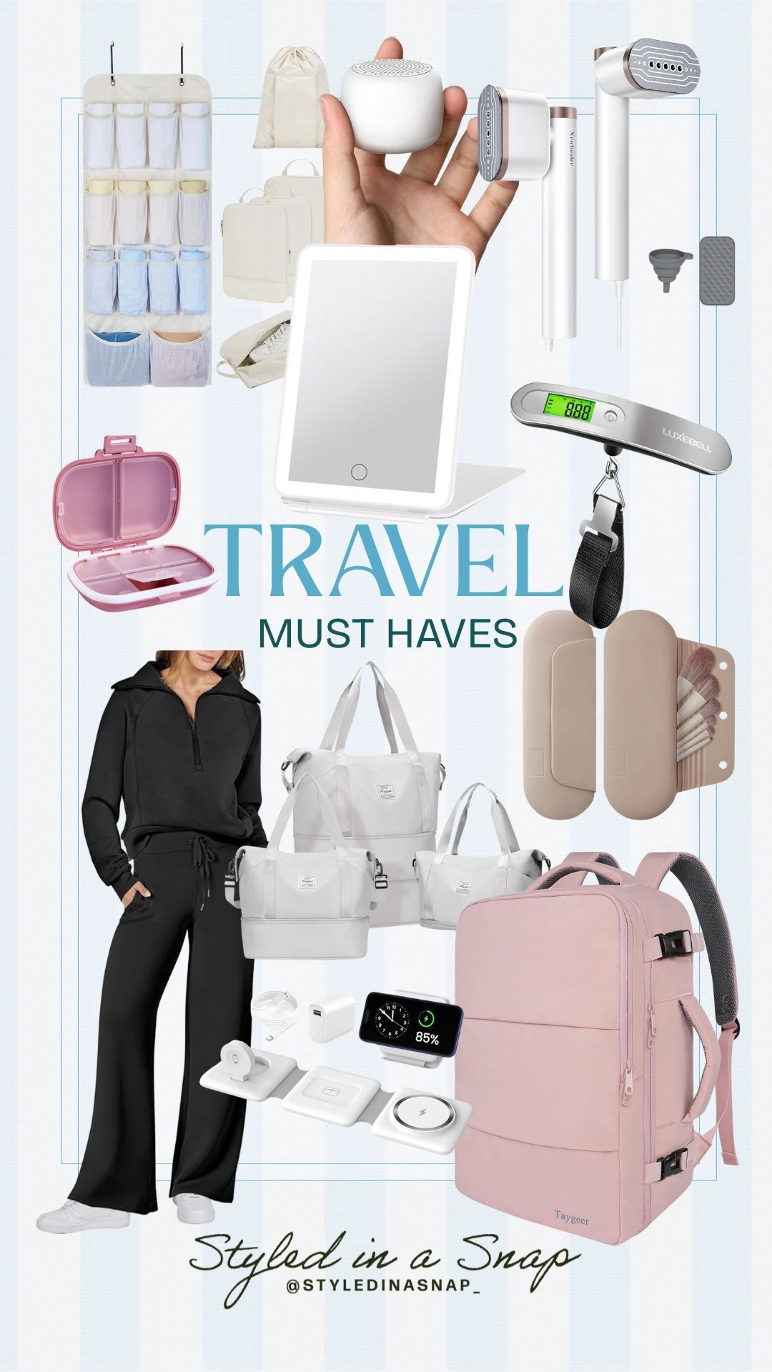 Traveling made simple with my cheat guide of essentials for a smooth, less stress trip. A comfy lounge outfit is a must have for travel days. This half zip set is comfy, and on sale right now! 
A white noise machine to drown our strange noises, a travel luggage scale, makeup mirror, makeup brush holder, pill organizer, compression bags and more make you feel more comfortable wherever you go. 

#LTKmomlife #LTKOver40 #LTKTravel