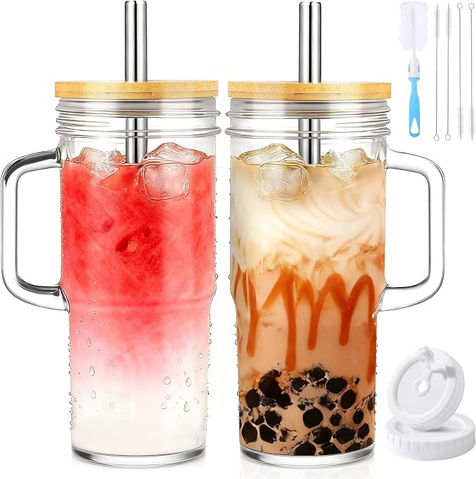 Birity 24oz Glass Cups with Lids and Straws,Glass Tumbler with Handle,2 set–Reusable Glass Ice ... | Amazon (US)