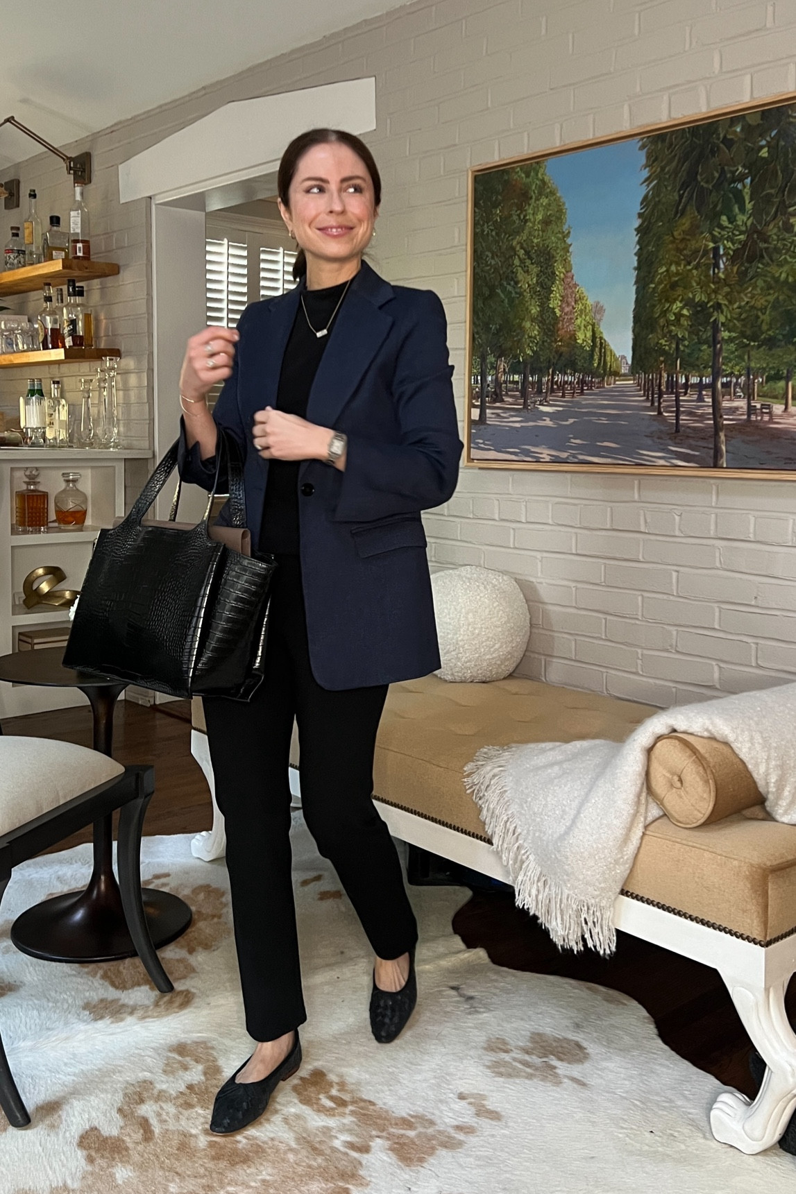 Office outfit of the day
Indigo blazer banana republic old
Black ponte straight leg pant Spanx. Also linking the banana republic kick flare pant I love!
Black woven leather ballet flats Loeffler Randall
Black mock croc tote bag old 
Black mock neck top Lilla P

#LTKworkwear #LTKfindsunder100 #LTKshoecrush