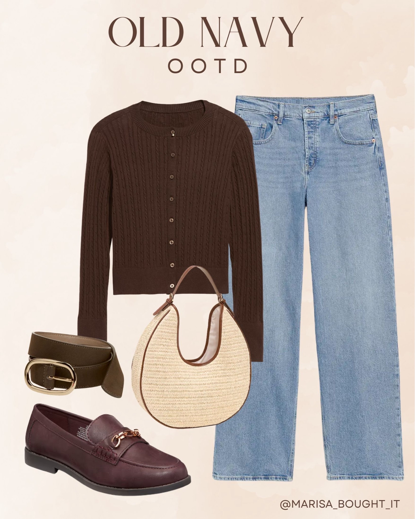 Cozy Old Navy fall outfit! 🍂

I styled a button-front cable-knit cardigan in deep chocolate brown with classic light-wash straight jeans.

I paired it with brown loafers, a matching leather belt, and a woven shoulder bag for a chic everyday look. ✨

#OldNavyStyle #FallOOTD #LTKfashion #CasualChic #SweaterWeather #EverydayStyle #FallFashion

#LTKootd #LTKSeasonal