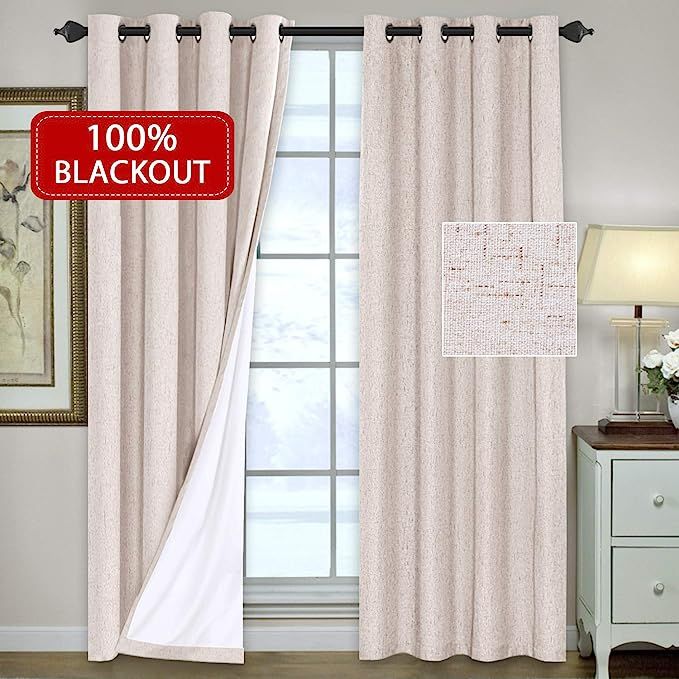 H.VERSAILTEX 100% Blackout Linen Look Waterproof Natural Curtains Bedroom Blackout Drapes 96 inch... | Amazon (US)