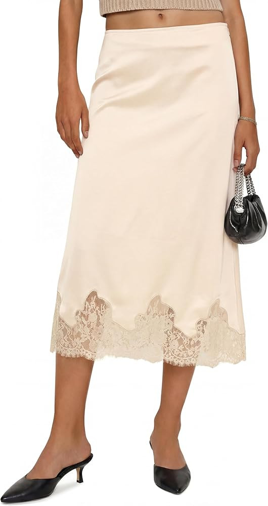 Cicy Bell Faldas midi de satén de seda para mujer, estilo casual, con dobladillo de encaje, cint... | Amazon (US)