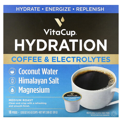 VitaCup, Hydration Coffee & Electrolytes, Medium Roast, 18 Pods, 0.16 oz (4.5 g) Each | iHerb