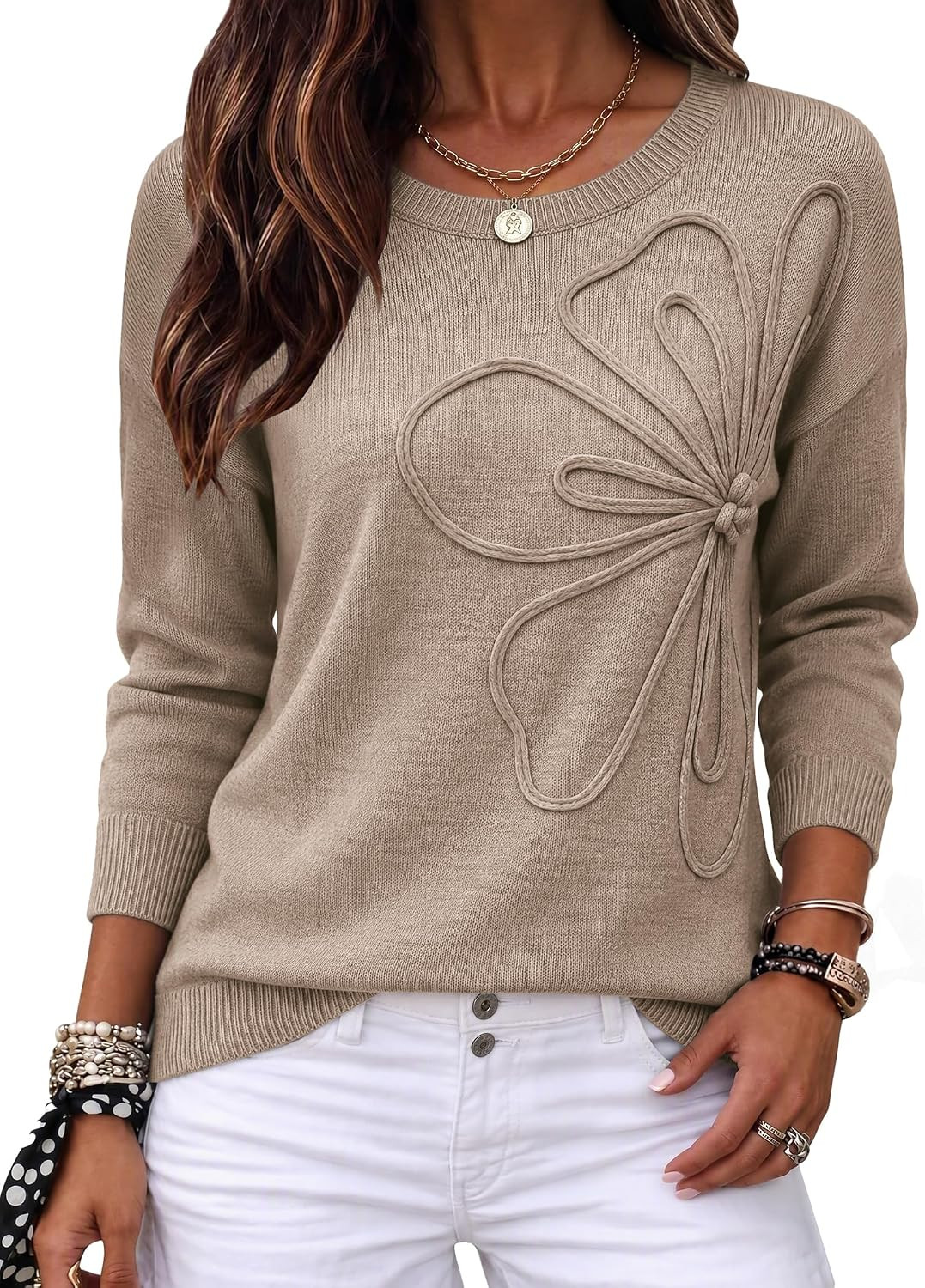 Zeagoo Women's Sweaters 3D Floral Appliques Crewneck Long Sleeve Pullovers | Amazon (US)