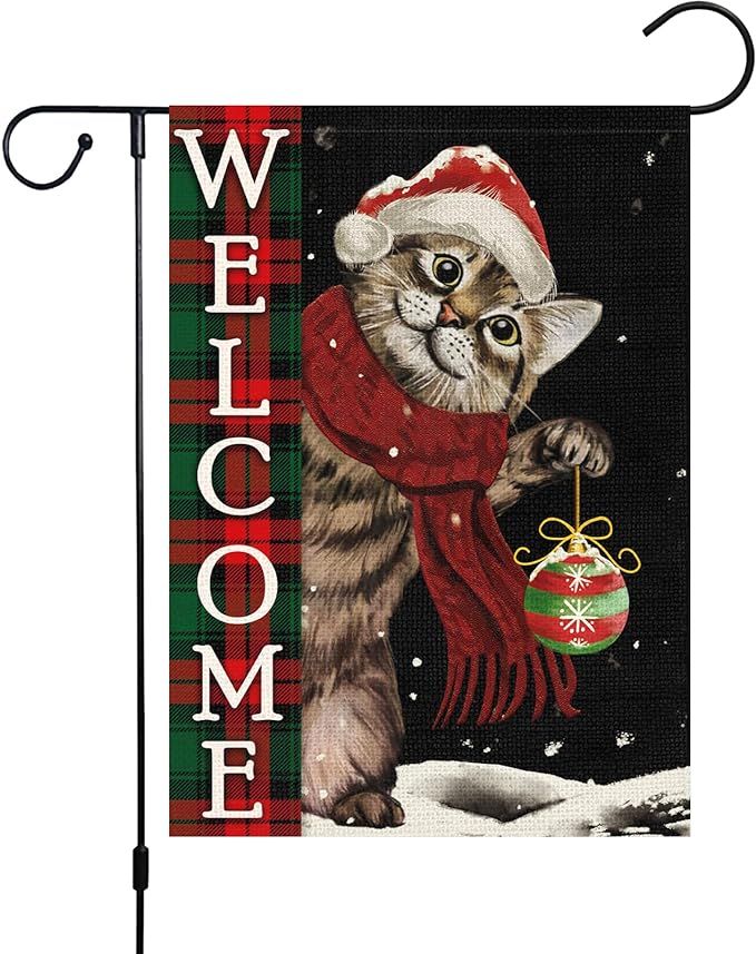 Heyfibro Welcome Christmas Garden Flag Christmas Cat with Scarf Ornament Snowflake, 12x18 Inch Do... | Amazon (US)