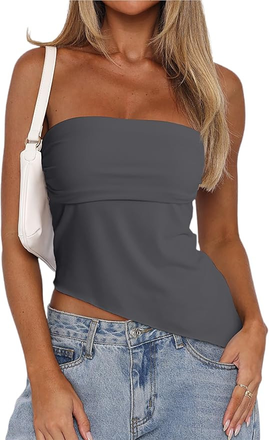 CSDAJIO Asymmetrical Tops for Women Ruched Side Long Tube Top Strapless Bandeau Top Summer Going ... | Amazon (US)