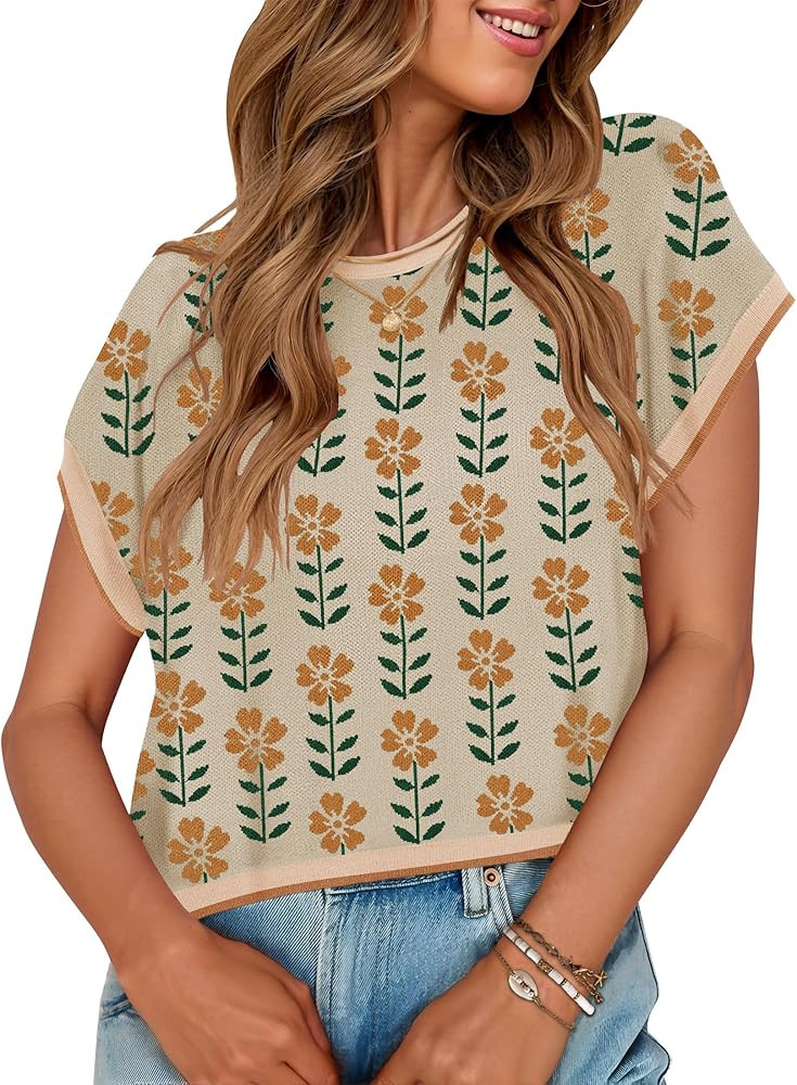 ZESICA Women's Summer Floral Short Sleeve Sweater Vest 2026 Crewneck Loose Knit Tank Tops Going O... | Amazon (US)