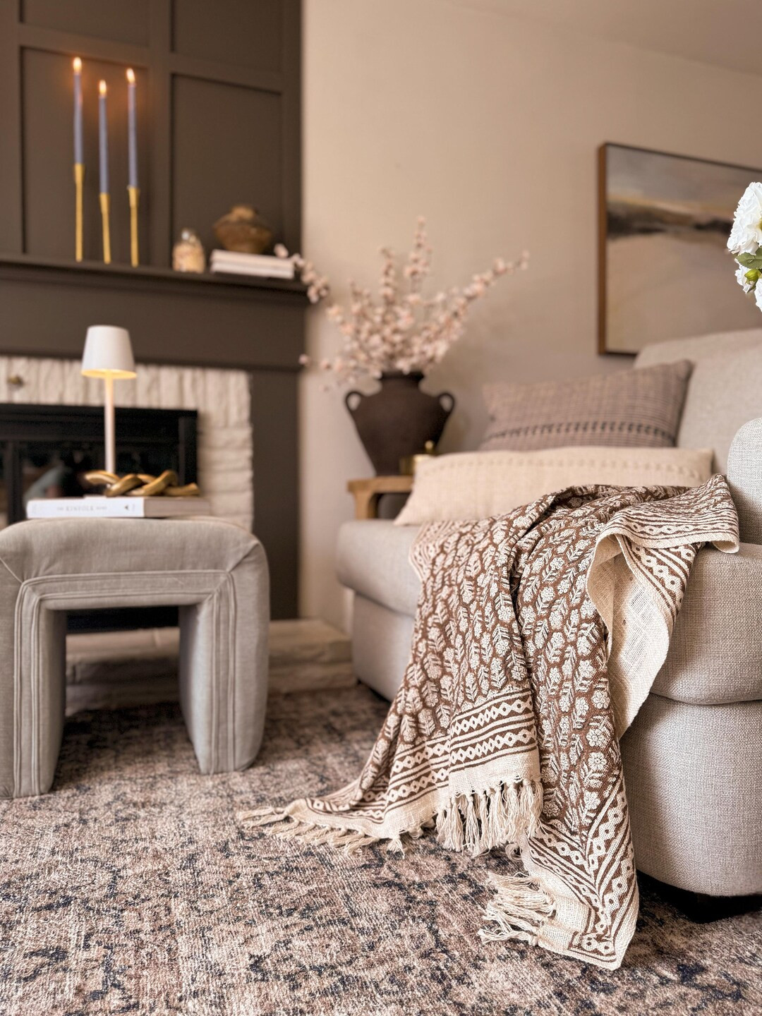 Gift Dark Brown Floral Throw Blanket Couch Home Inspiration Handmade Throw Hand Block Print Blank... | Etsy (US)