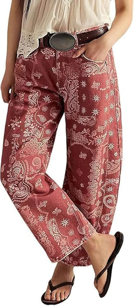 Women's Mid Rise Barrel Jeans Bandana Floral Print Wide Leg Denim Pants | Amazon (US)
