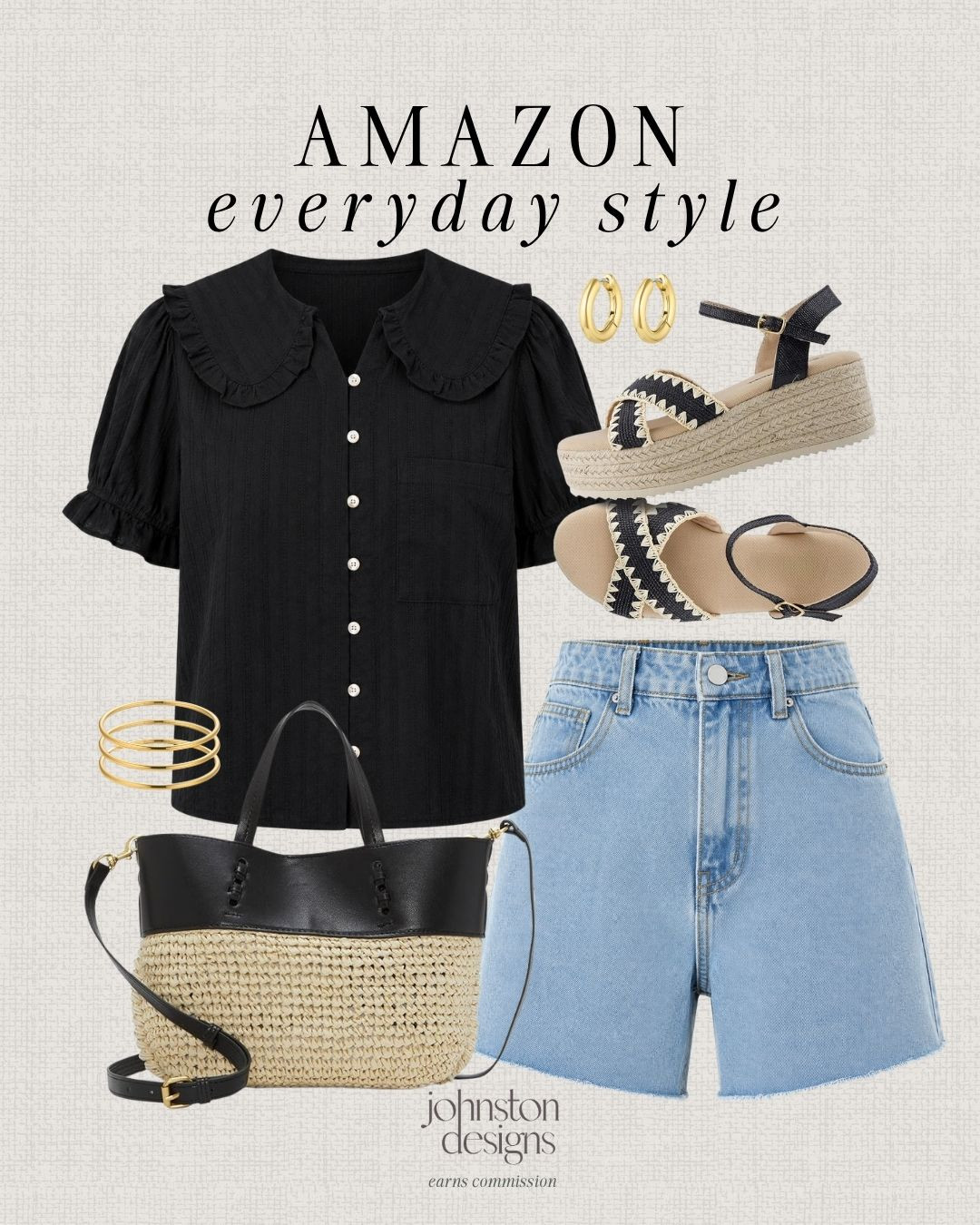 Amazon everyday style with a chic black blouse, denim shorts and woven summer accessories for an easy dressed-up casual look. 🖤

Amazon outfit inspo, summer outfit, affordable fashion finds, black blouse, denim shorts, raffia bag, platform sandals, gold jewelry, casual chic, everyday style, vacation look 

 #LTKootd #LTKSeasonal