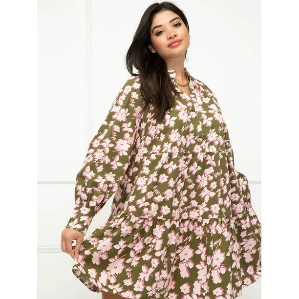 ELOQUII Elements Women's Plus Size Tiered Bloom Print Easy Dress - Walmart.com | Walmart (US)