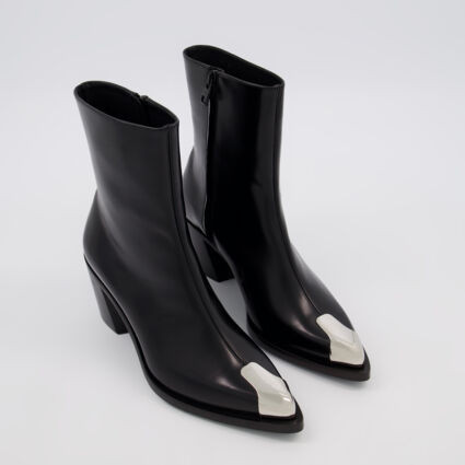Black Leather Boxcar Heeled Ankle Boots | TK Maxx