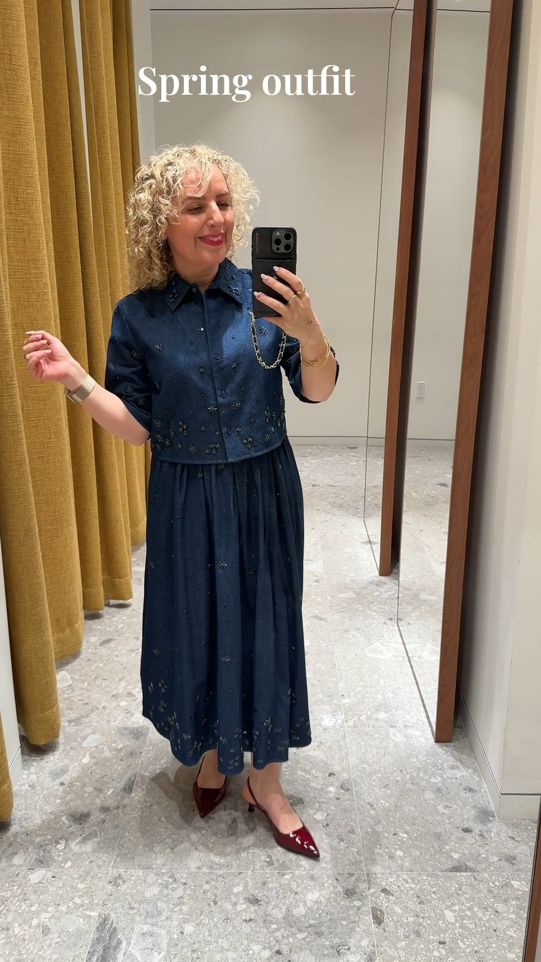 Dressing Room Diaries and I wasn’t planning on trying anything on today… and then THIS happened. 😩
The embellished denim, the midi length, the way it just… fits. I honestly thought the skirt would overwhelm me but I’m in a 34 and it’s exactly the right amount of fabric —so not drowning in it at all. The top runs true to size and together? Just perfect.


Modest, elegant, and that luxe feel you can actually wear. Already thinking about every spring occasion I’d reach for this. 🌸

#LTKOver40 #LTKootd #LTKPetite
