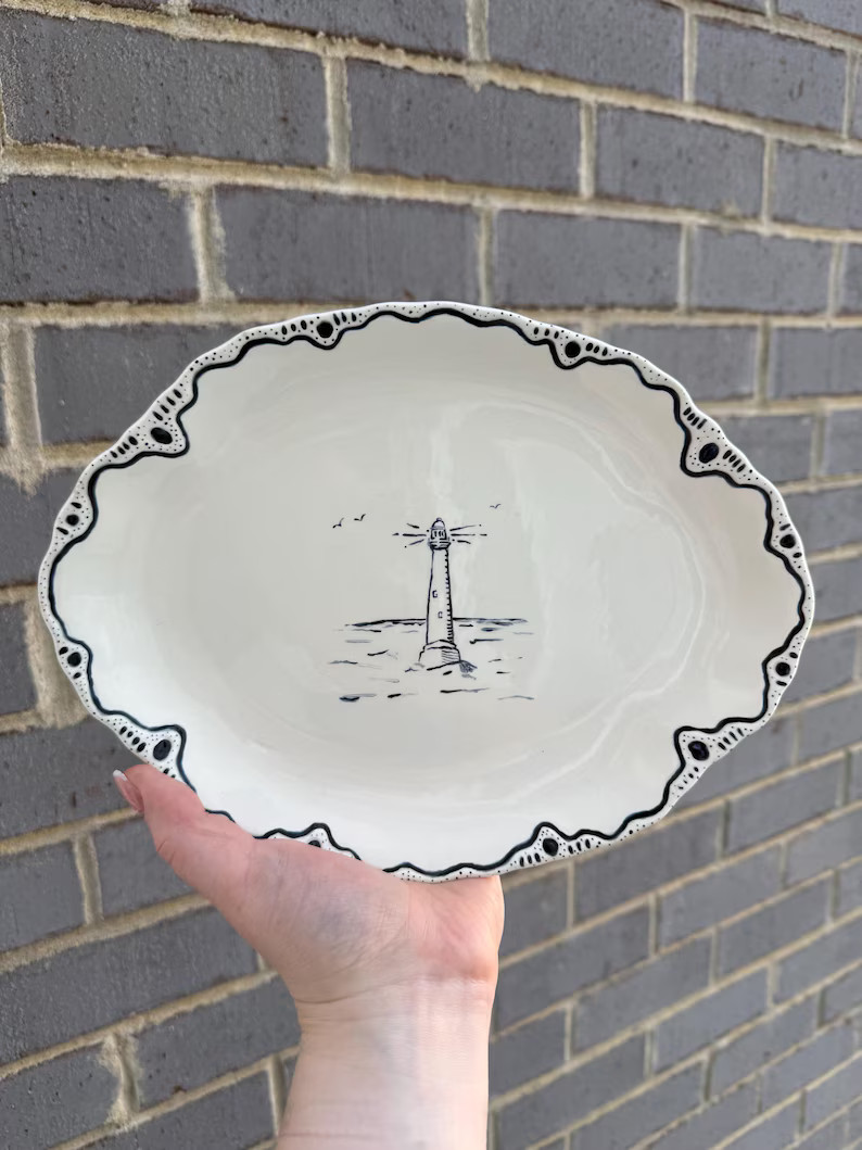 Hand-Painted Lighthouse Ceramic Plate | Coastal Wall Art with Nautical Illustration | Etsy (US)