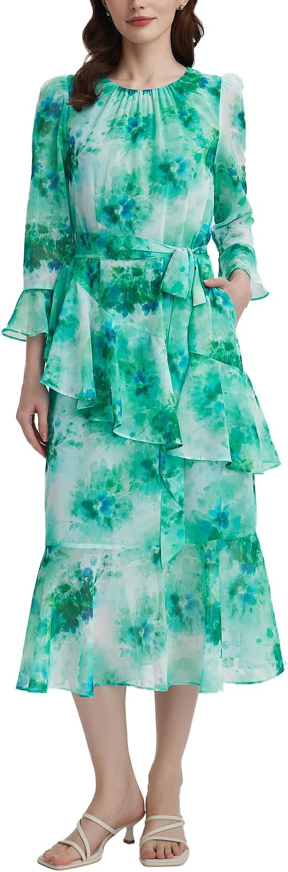 Women's Long Sleeve Belted Midi Dress Chiffon Asymmetrical Ruffle Tiered A Line Flowy Cocktail Pa... | Amazon (US)