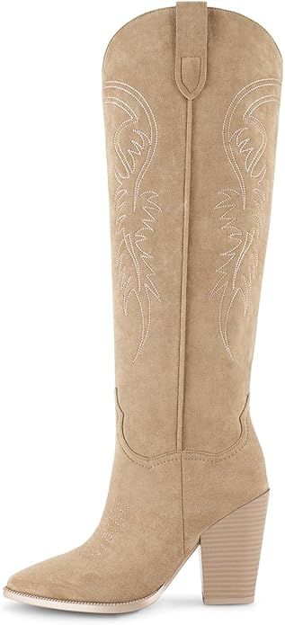 ISNOM Women's Cowgirl Boots Pull On Knee High Boots, Cowboy Western Embroidered Chunky Block Heel... | Amazon (US)