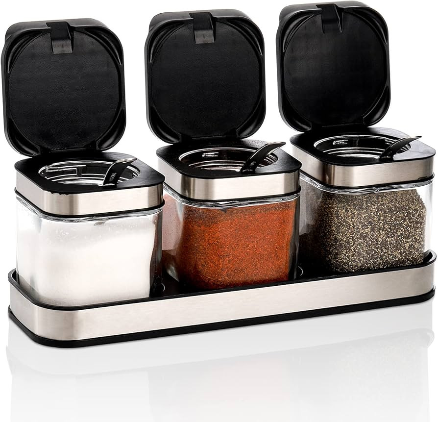 DEAYOU 3 Pack Glass Seasoning Box with Tray, Clear Condiment Canister with 18/10 Stainless Steel ... | Amazon (US)