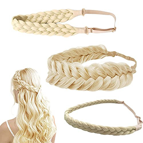 Hann 3 Pieces 5 Strands Synthetic Hair Braided Headband Classic Chunky Wide Plaited Braids Elastic Stretch Hair Piece Women Girl Beauty accessory (Platinum Blond) | Amazon (US)