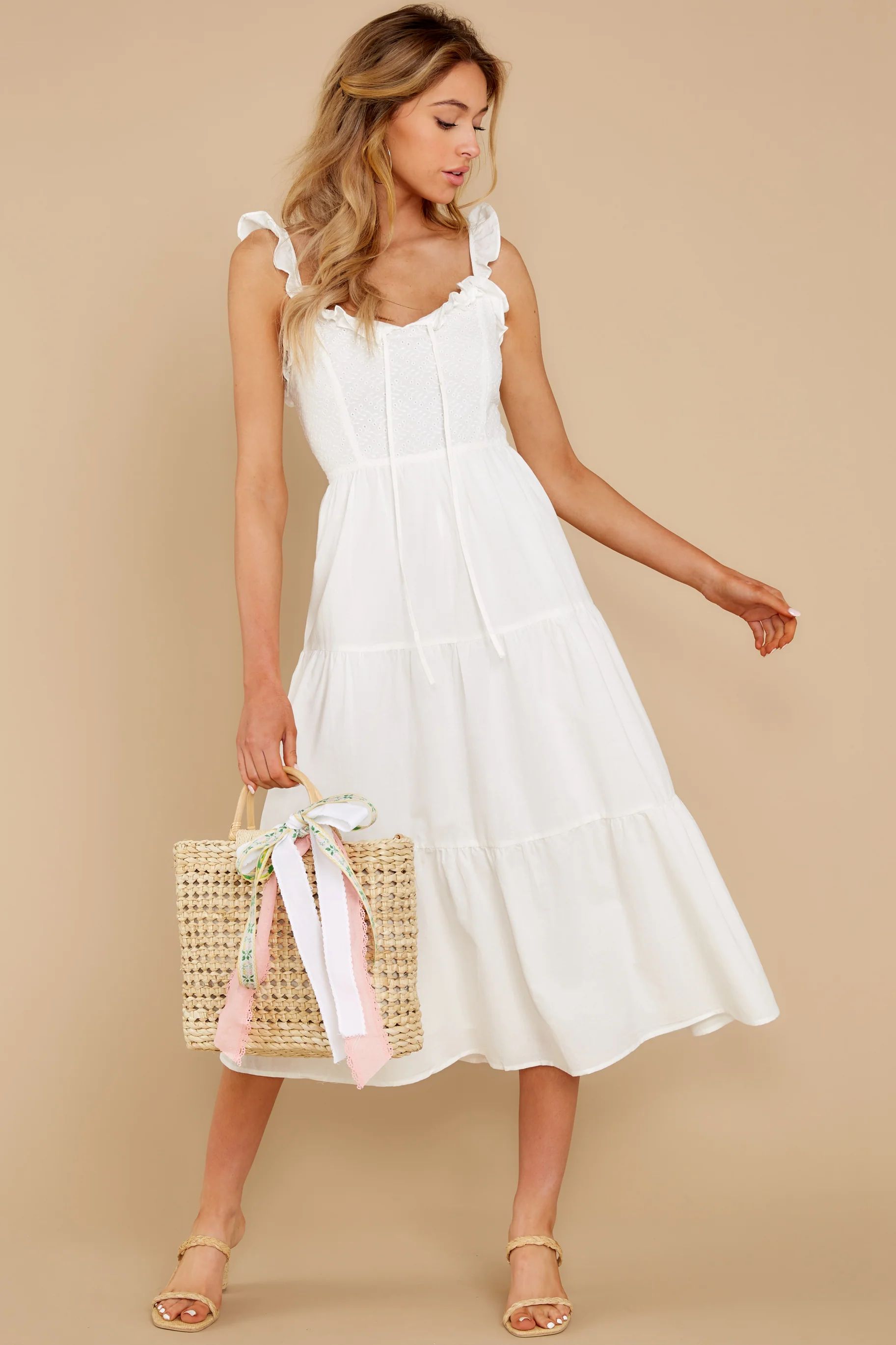 Rush To You White Eyelet Midi Dress | Red Dress 