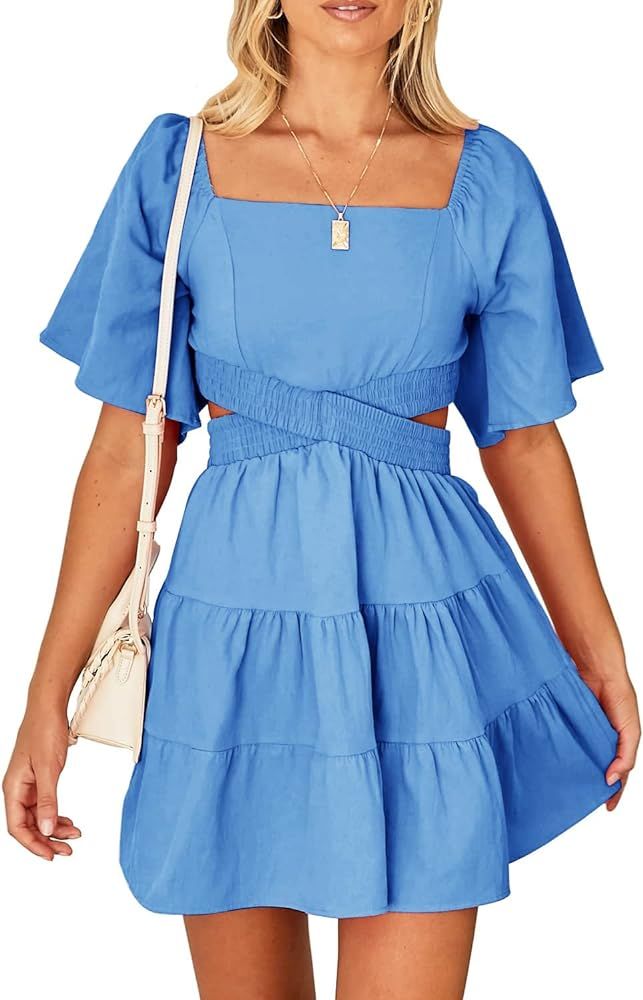 Senllen 2024 Summer Dresses Women's Sundress with Sleeves Square Neck Open Back Crossover Waist M... | Amazon (US)