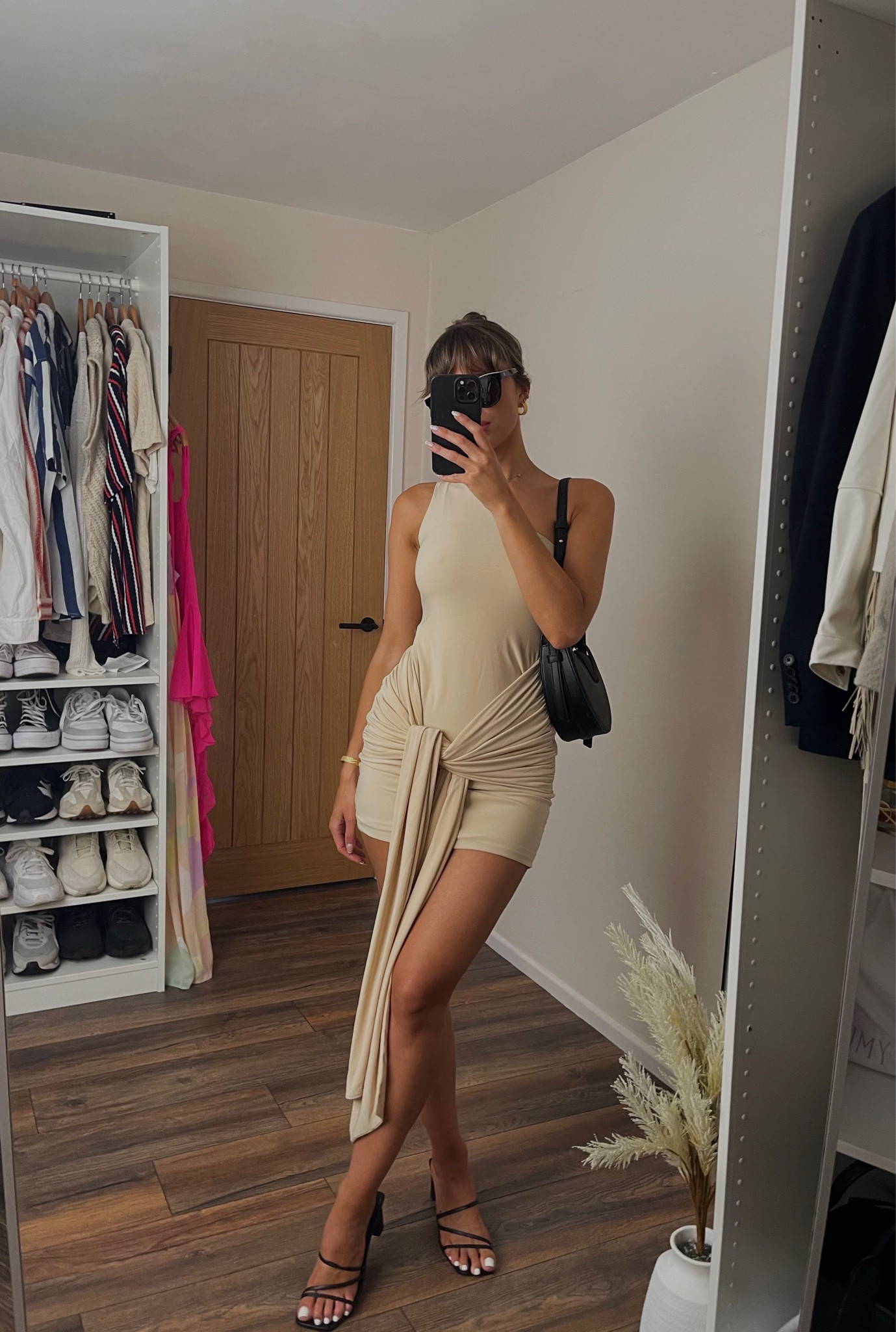 Nude dress, summer outfit, tie front dress, mirror selfie, holiday outfit, summer style, Polene número dix, Primark, Chanel sunglasses, black strappy heels, neutral style, neutrals 

#LTKeurope #LTKSeasonal #LTKstyletip