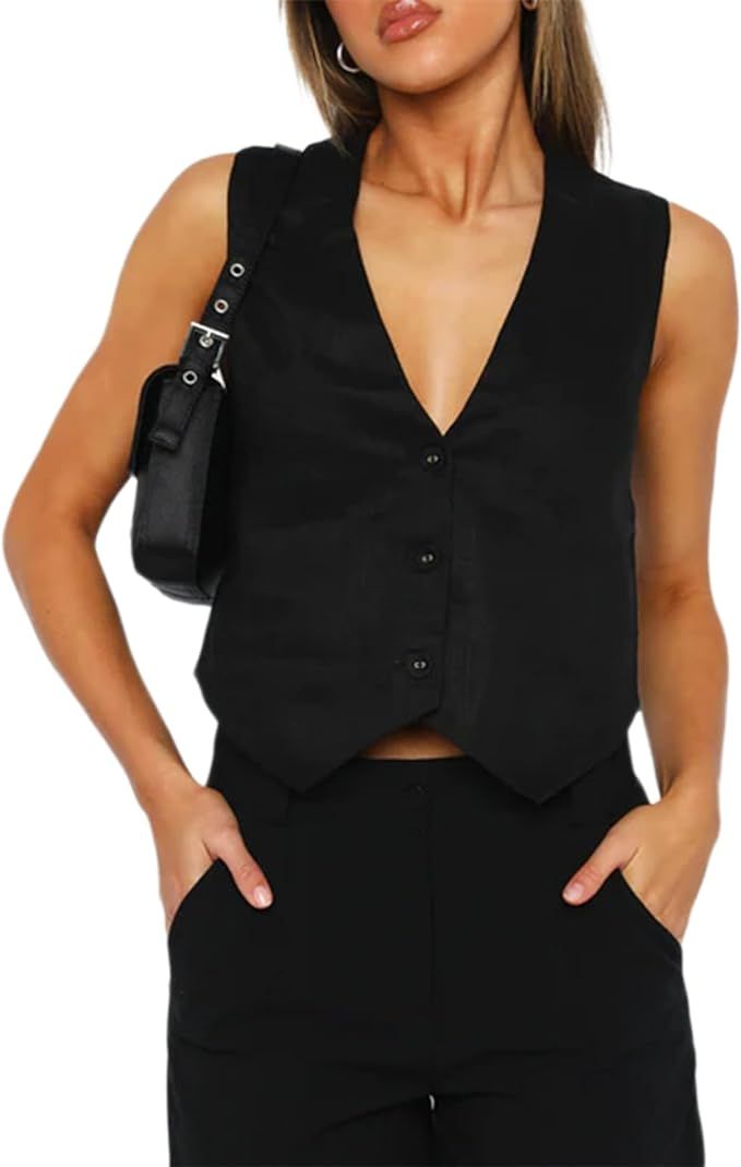FHNUVB Women Linen V Neck Tank Tops Sleeveless Buttons Crop Casual Vest | Amazon (US)