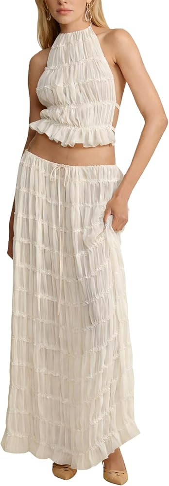 Womens Y2k Maxi Skirt Set Backless Lace Halter Crop Top and Long Skirt Sets Beach Cocktail Club D... | Amazon (US)