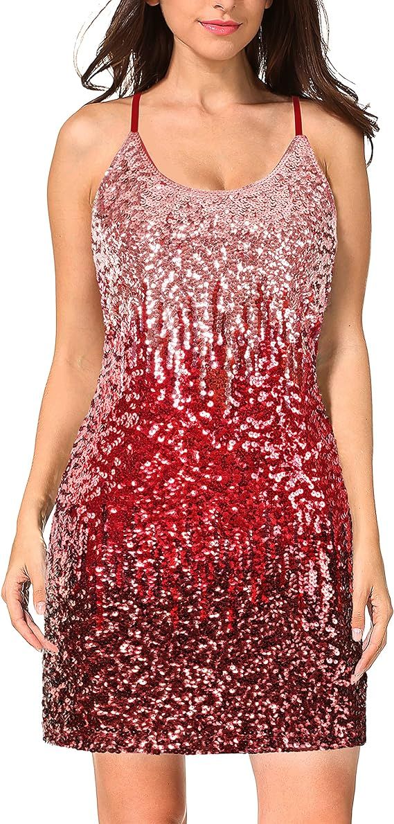 MANER Women's Glitter Sequin Dress Adjustable Spaghetti Strap Sparkle Party Dresses | Amazon (US)