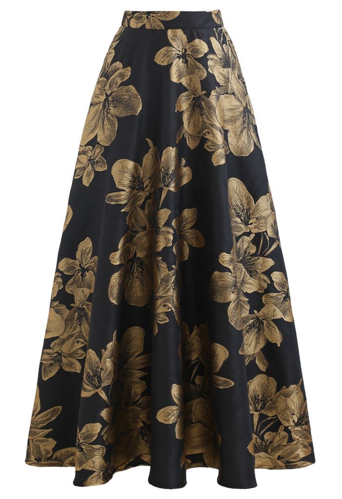 Golden Dahlia Blossom Jacquard Maxi Skirt | Chicwish