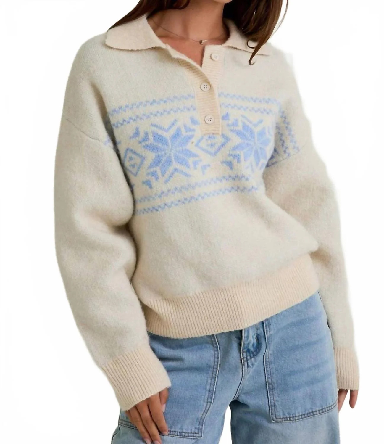 Noelle Snowflake Pattern Sweater In Beige | Shop Simon