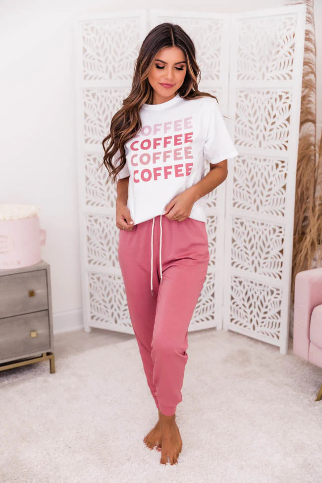 Coffee Pink Ombre White Graphic Tee | The Pink Lily Boutique