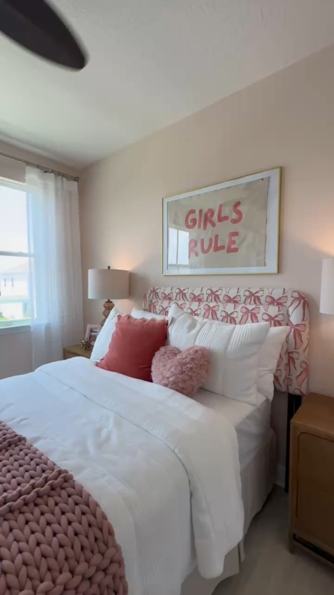 Pink, blush and white Girls Bedrroom Design with sheer drapes, heart decor and blush cable knit throw blanket 

#LTKFindsUnder100 #LTKHome #LTKKids