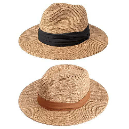 DRESHOW Women Straw Panama Hat Travel Fedora Beach Sun Hat Summer Wide Brim Straw Roll up Hat UPF 50+ | Amazon (US)