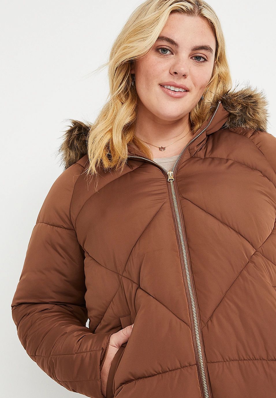 Plus Size Brown Faux Fur Hooded Puffer Jacket | Maurices