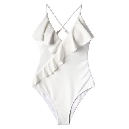 Cupshe Women s White Ruffled One Piece Swimsuit Plunging Neckline Monokini M | Walmart (US)