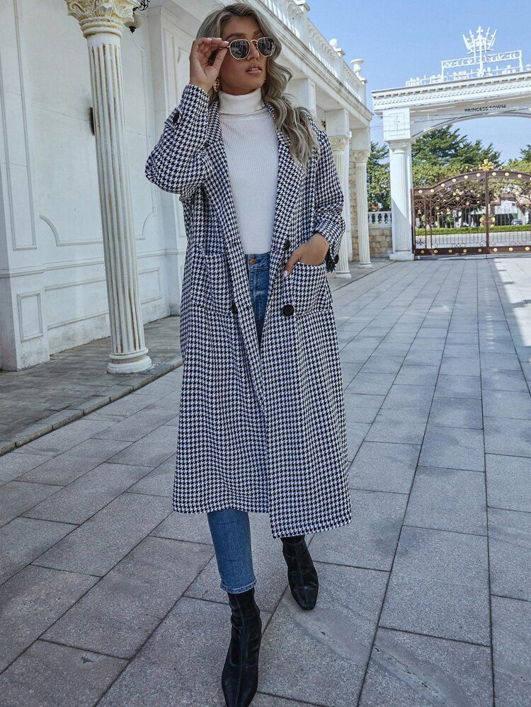 Houndstooth Print Lapel Collar Double Breasted Overcoat Without Belt | SHEIN