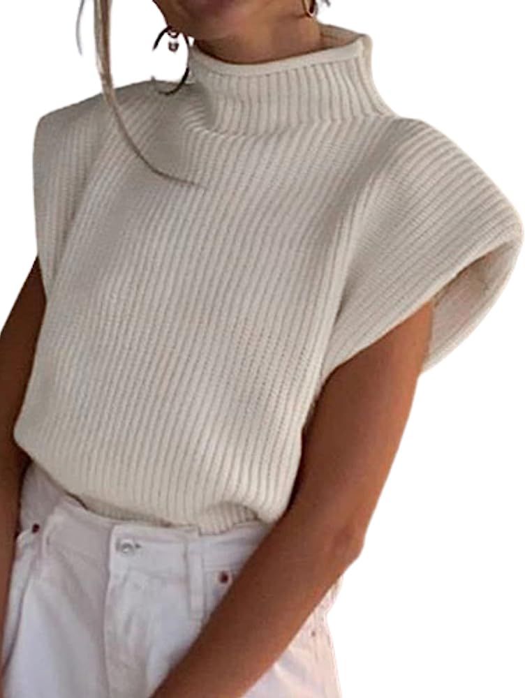 Hooever Women's Knitted Shoulder Pads Sweater Vest Turtleneck Sleeveless Tank Tops | Amazon (US)