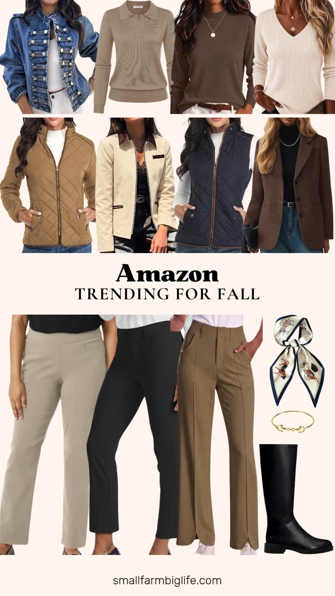 This Amazon fall trending edit has such a great mix of pieces for autumn outfits and business casual workwear.

The blue CHICME Military Denim Jacket has such a fun, stand collar detail, and the beige Cicy Bell Cropped Barn Jacket and the camel Lightweight Quilted Jacket both bring a cozy, layered look for cooler days. The dark blue Dilgul Quilted Vest is a great lightweight layer, and the brown Mina Self Herringbone Tweed Blazer rounds out the outerwear with a polished, notch lapel silhouette.

For tops, the tan V Neck Polo Sweater, the brown Zeagoo Turtleneck, and the cream Ekouaer Cable Knit V Neck Sweater are all easy, versatile basics perfect for the office. The cream equestrian print Silk Feeling Scarf adds a nice finishing touch to any of these looks.

On the bottoms side, the black VIMPEP Stretchy Ankle Pants, the sand Briggs New York Pull On Dress Pants, and the latte Cicy Bell Golf Dress Pants are all comfortable, professional staples for business casual workwear.

Rounding things out, the black leather Coutgo Chunky Heel Riding Boots add a polished shoe option, and the gold Horse Snaffle Bit Bracelet brings a fun equestrian detail to finish the look.

So many great pieces to shop for fall, all linked for you.

#amazonfashion #fallfashion #falloutfits #businesscasual #autumnoutfits #equestrianstyle 

 #LTKootd #LTKOver40 #LTKWorkwear