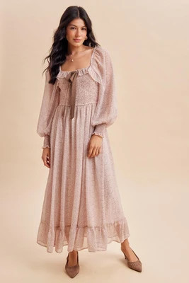 Primrose Brown Dot Smocked Ribbon Tie Ruffle Maxi Dress - Large | PinkBlush Maternity